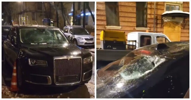 В Москве на дорогостоящий Aurus с крыши свалилась глыба льда