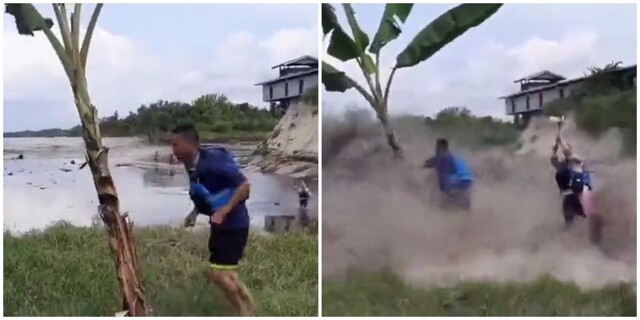 Во время прилива на реке Цяньтан блогер попытался сломать пальму и пожалел об этом