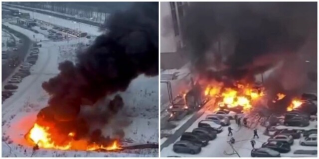 Из-за разлившегося топлива в Новой Москве на парковке сгорели автомобили