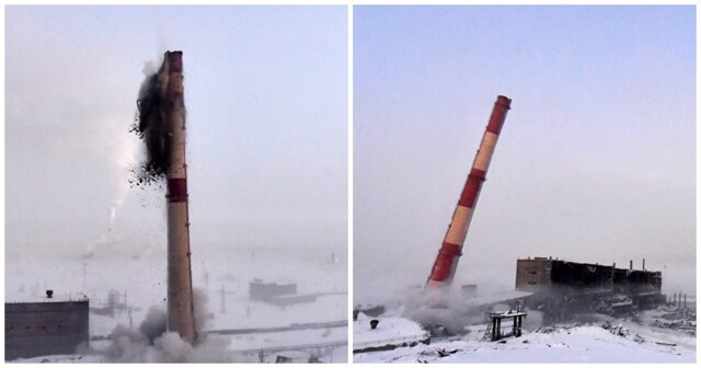 «Норникель» показал подрыв огромной дымовой трубы на неработающем заводе в Арктике