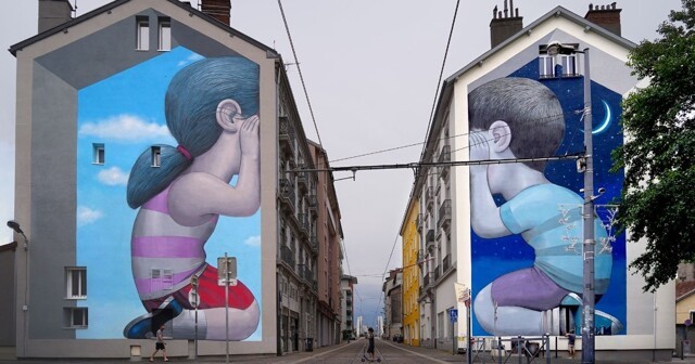Парижский художник рисует детей на зданиях разных городов