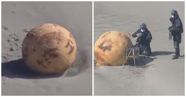 На пляж в Японии вынесло неизвестный металлический шар