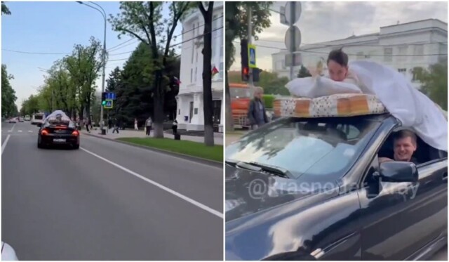 В Краснодаре блогер на BMW покатал мужчину на крыше, примотав его скотчем