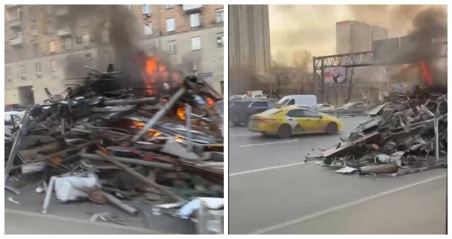 Грузовик сбросил горящую гору мусора посреди Варшавского шоссе в Москве