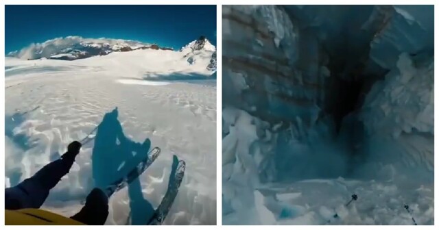Лыжник лишь чудом не упал на дно ледяной расщелины