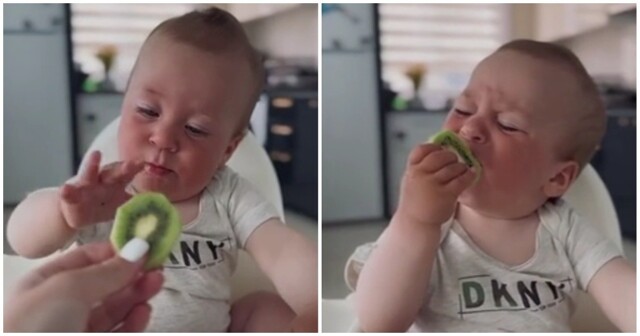Забавная реакция малыша на вкус киви