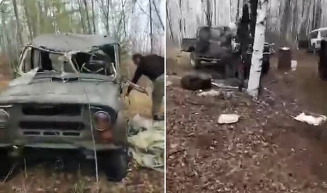 В тайге медведь нашел лагерь охотников и решил немного поработать над их машиной
