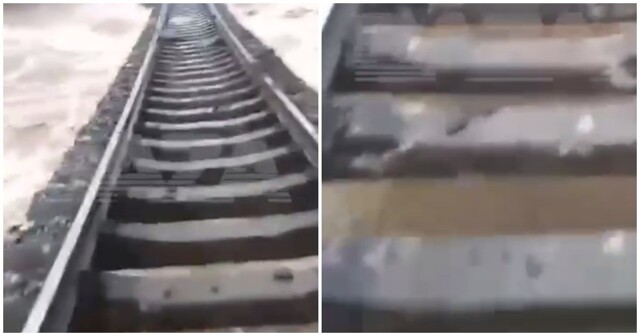 В Бурятии железнодорожные пути повисли над водой из-за частичного разрушения дамбы