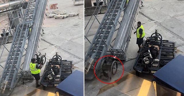 Работники авиакомпании небрежно вышвыривают из самолёта инвалидные коляски пассажиров