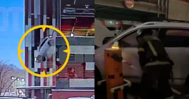Москвич на Volkswagen Touareg выпал с четвёртого этажа парковки в Митино