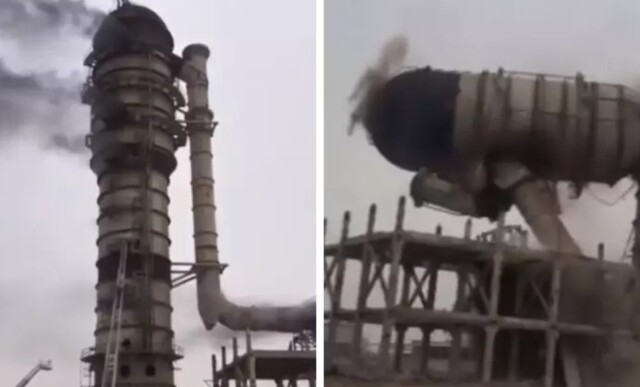В Казахстане  63-метровая башня с нефтяными отходами загорелась и рухнула
