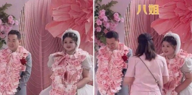 Сюрприз от восьми сестёр: молодоженов на свадьбе обвешали денежными купюрами