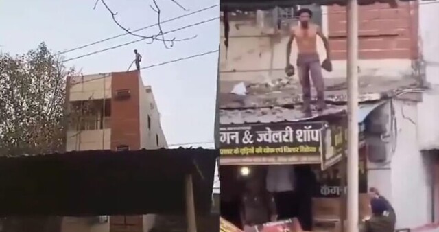 Мужчина прыгнул с крыши на высоковольтные провода, но не погиб, а начал кидаться кирпичами в полицейских