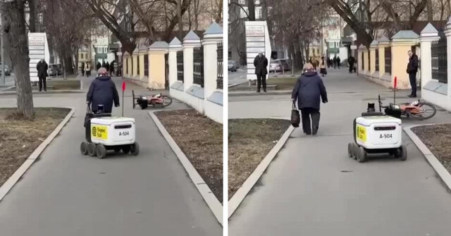 Робот-курьер пытается объехать бабушку