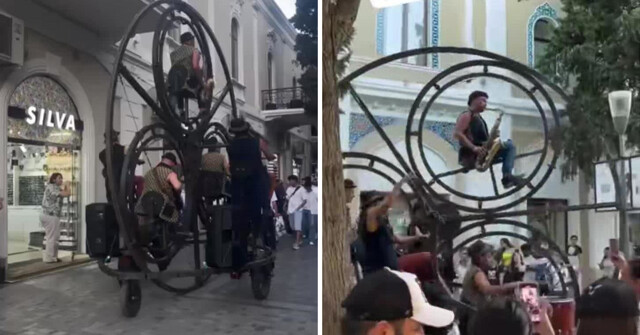 Музыканты в гигантском велоколесе