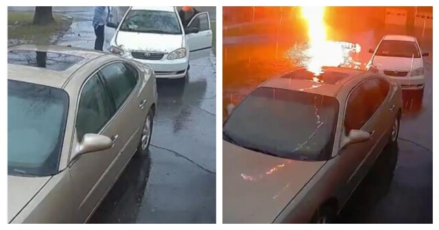 Молния ударила рядом с автомобилем
