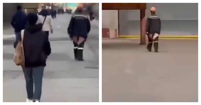 Рабочий невозмутимо идёт за новыми штанами