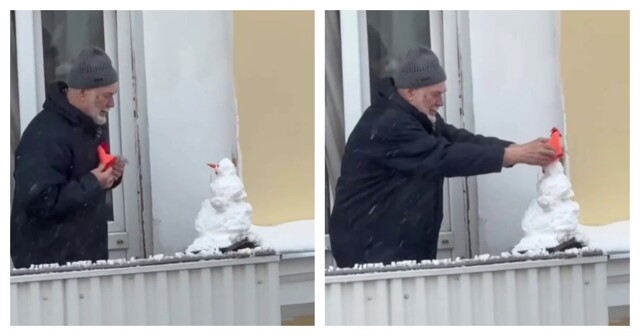 Дедушка слепил на балконе снеговика