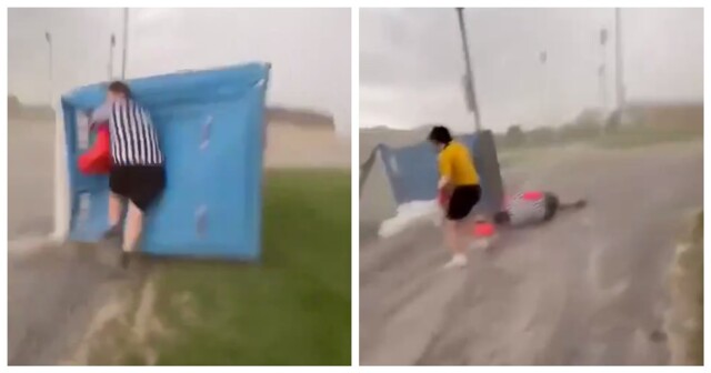 Кабинка биотуалета сбила футбольного судью с ног