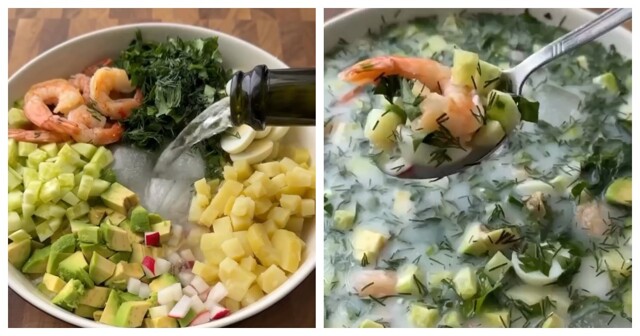 Окрошка с креветками, вином и айраном