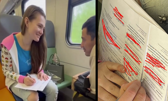 Девушка прямо в электричке заполняет за мигранта документы для постановки на учёт