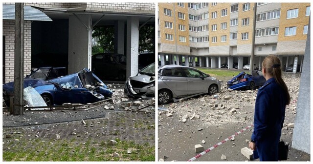 В Чебоксарах с многоэтажного дома обрушилась кирпичная кладка и повредила два автомобиля