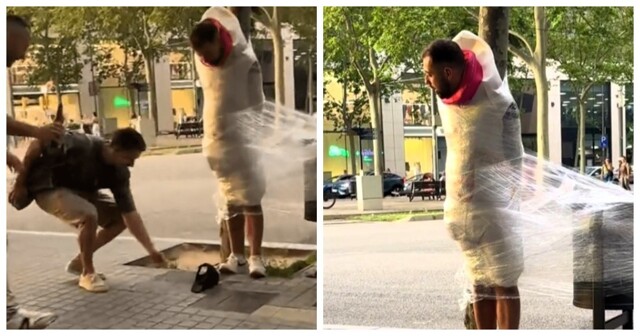 Жених, примотанный к столбу, должен был собирать пожертвования от прохожих