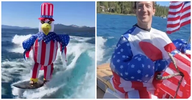 Цукерберг прокатился на серфе в костюме орлана на День независимости США