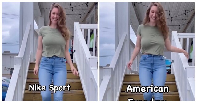 Девушка проверила посадку  разных бюстгальтеров, спустившись по лестнице