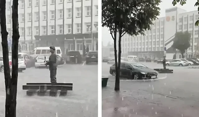 "Мальчик поплыл": скульптура железнодорожника дрейфовала во время ливня