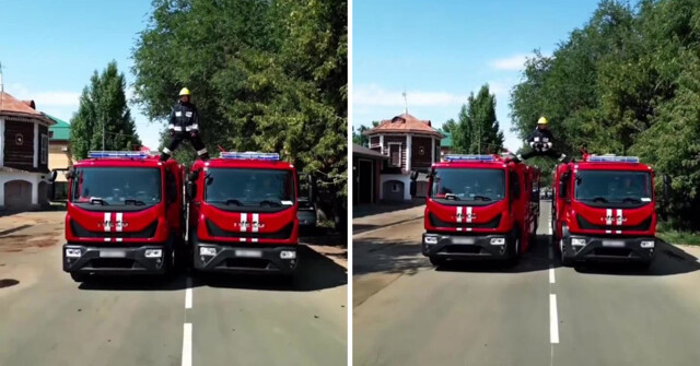 Пожарный из Уральска повторил трюк Ван Дамма между двумя машинами