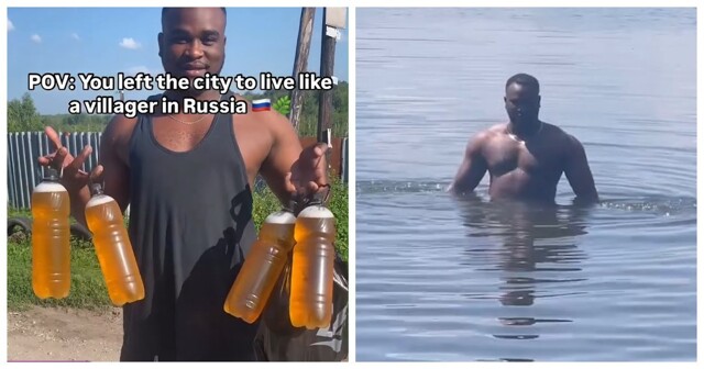 Парень из Нигерии вспахивает огород в русской деревне