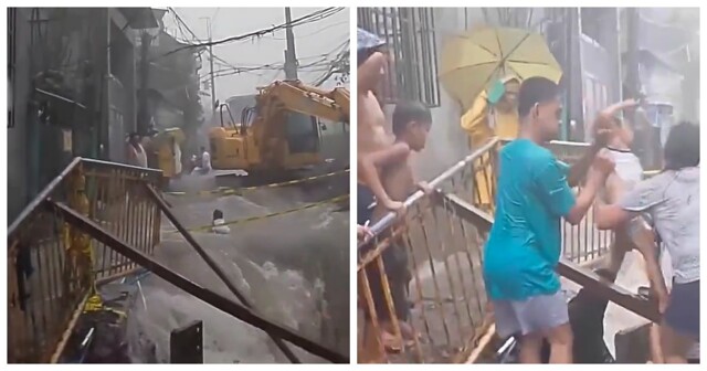 На Филиппинах маленького мальчика потоки воды смыли в строящуюся дорогу
