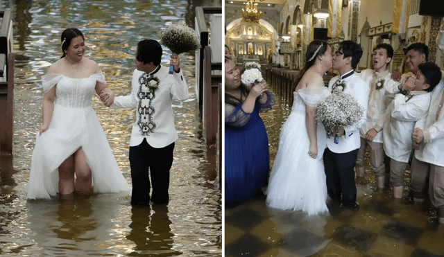 Пара обвенчалась в знаменитой церкви в Булакане, несмотря на воду по колено