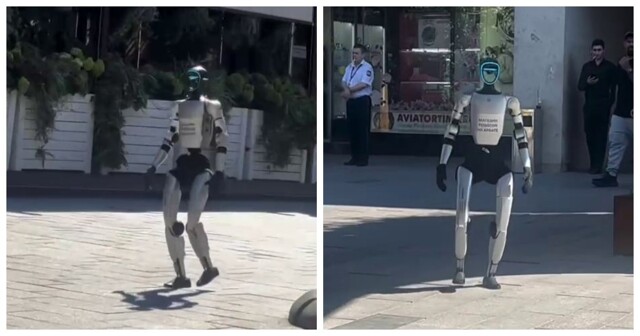 Девушка запечатлела кадры, как T-800 гуляет по Арбату и рекламирует магазин роботов