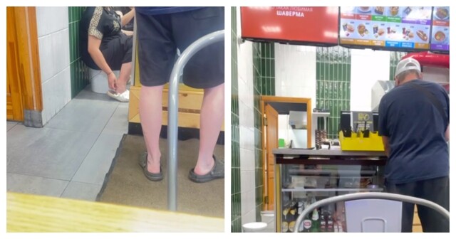 Работница кафе чешет пятки