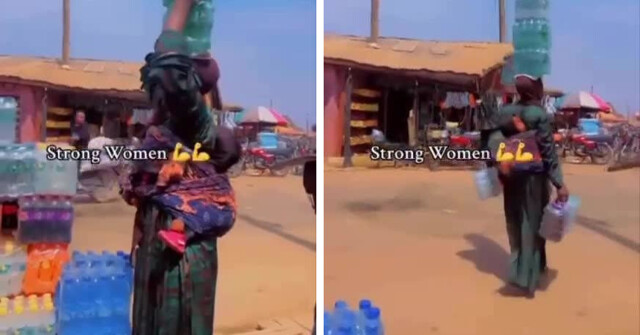 В Африке женщина поразила силой и ловкостью, унеся 8 упаковок напитков — 4 на голове и 4 в руках