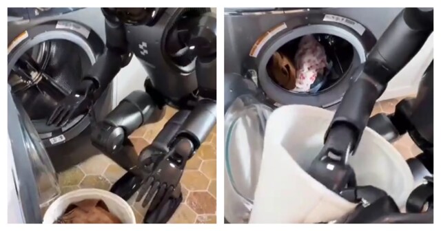 Робот самостоятельно загружает бельё в стиральную машину