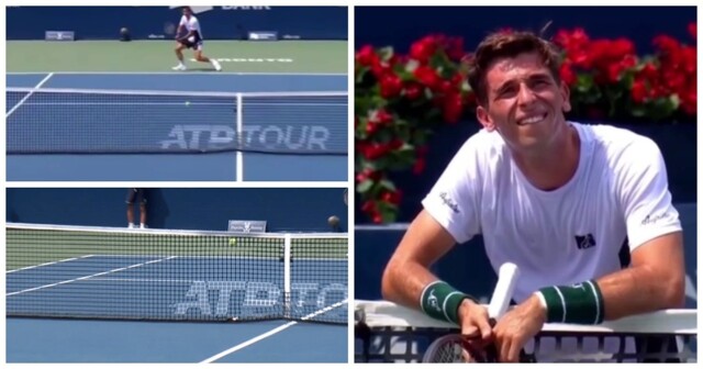 Теннисист пробил сквозь сетку во время матча