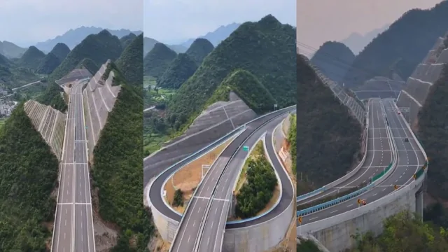 В Китае разрезали гору ради моста