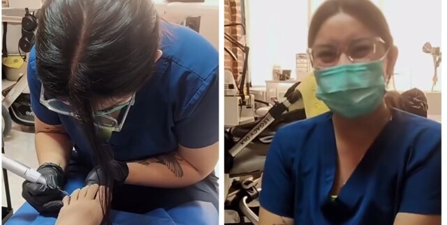 Клиентка пришла на помощь мастеру педикюра