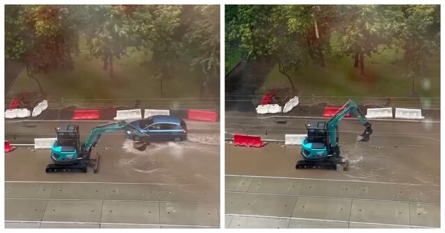 В Москве водитель экскаватора нашел себе развлечение во время ливня