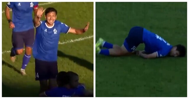 Во время футбольного матча невезучий форвард «Динамо» травмировался, празднуя гол