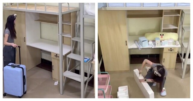 Студентка наводит красоту в комнате общежития