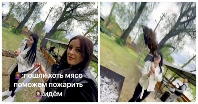 Попытка девушки помочь с жаркой мяса на решётке