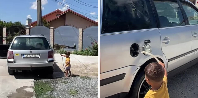 Помощник растет: малыш налил полный бак воды в папину машину