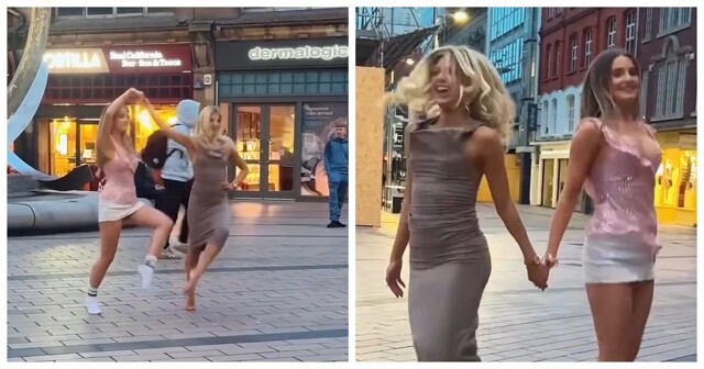 Две девушки синхронно станцевали на площади под музыку уличного музыканта в Ирландии
