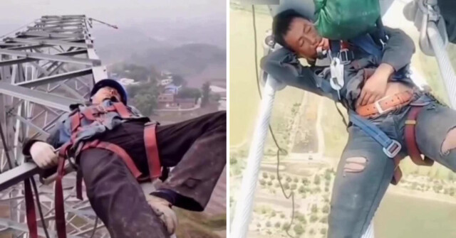 В Китае монтажники линий электропередачи устраивают «тихий час» прямо на опорах на большой высоте