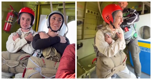 Девушка показала искреннюю реакцию на прыжок с парашютом