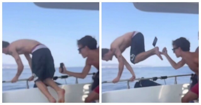 Парень чуть не лишился смартфона, когда снимал прыжок друга в воду